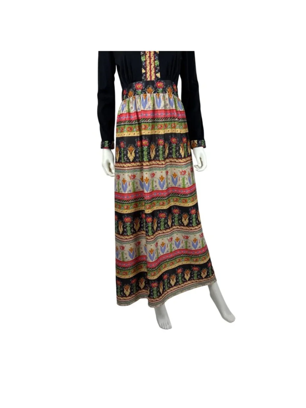 Vintage 70s Dark Floral Dress Womens Small Multi Colored Keyhole Neckline Long S - Picture 8 of 12